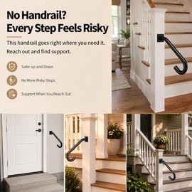 Wall Mount Handrail for 1-3 Steps Heavy Duty U-Shaped Safety Rail with Non-Slip Metal Grip Powder Coated Rustproof Stair Handle for Outdoor Garage Porch Garden Black