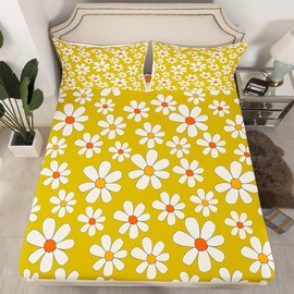Hippie Flowers Fitted Sheet Full Size 4pcs,70s Retro Floral Bedding Sets(1 Fitted, 1 Flat, 2 Pillowcases) Groovy Cartoon White Daisy Luxury Deep Pocket Bed Sheet Set, Polyester