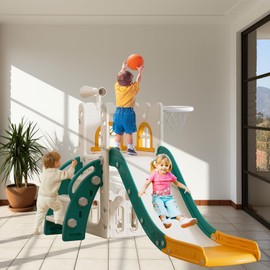 LulliSpace 6 in 1 Toddler Slide,Kids Climber Slider for Indoor Outdoor Playground with Basketball Hoop,Storage and Telescope,L Shaped Slide for Toddler Climber Playset