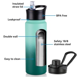 24oz Insulated Water Bottle with Straw Lid, Stainless Steel Metal Water Bottle with Straw & Wide Mouth Lid, Double Wall Vacuum Water Bottle for Hiking Camping, Gradient Green 1 Pack