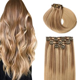 SURNEL Clip in Hair Extensions Real Human Hair 100g/6pcs 40cm Extensions Human Hair Light Blonde Dyed to Ash Blonde #10/27/27 in Human Hair Extensions (#10/27/27-16 Inch)