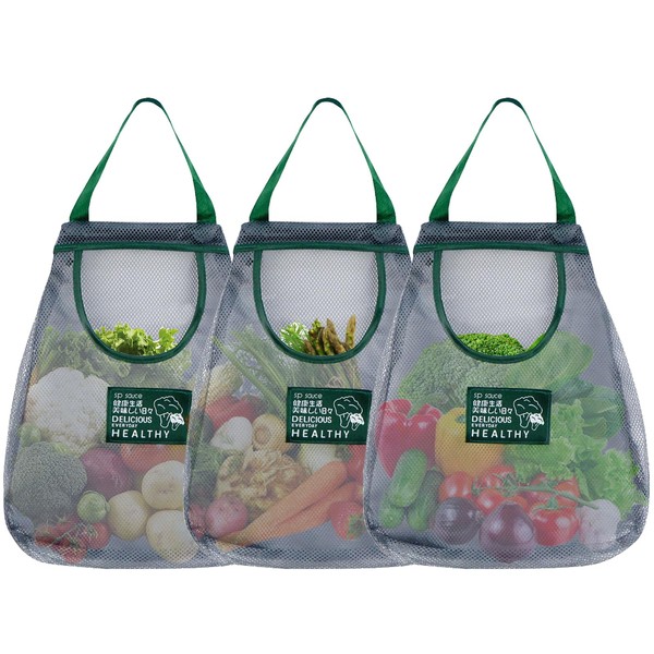 3Pcs Hanging Mesh Storage Bags Reusable produce bags Grocery mesh Bags Breathable Hanging Mesh Bag Durable Eco Friendly Vegetable Storage Bags Net Tote Bags for Onions,Potatoes, Fruit (L Size)