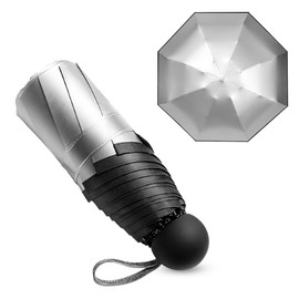 UPF50+Small Umbrella For Travel Mini Titanium Silver Coating Sunscreen Umbrella for UV Protection, Cooling, Rain and Rain Dual Use 300g Lightweight Compact Umbrella Can Be Put in a Pocket (Black - Titanium Silver)
