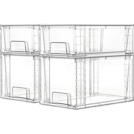 Vtopmart 4 Pack Clear Stackable Storage Drawers,Easy to Assemble Bathroom Organizers and Storage with handles,Plastic Drawers for Kitchen Pantry,Cabinet,Under Sink Organization