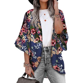 BB&KK Kimonos for Women Chiffon Swimsuit Coverups Beach Cover Up Swimwear Cardigan Summer Open Front Cover Up (Deep Blue Floral, M)