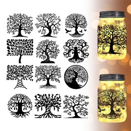 BEUNITONE 12pcs PVC Tree of Life Silhouette Cutouts Decals Tree Silhouette Cutouts Decals Tree of Life Theme Silhouette for Wall Windows Jars Decor