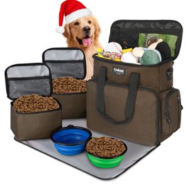 Goloni Dog Travel Bag, Weekend Dog Bag Travel Set for Dog and Cat, Dog Travel Accessories with Multi-Function Pockets, 2 Food Storage Containers, 2 Collapsible Bowls, 1 Feeding Mat,Brown