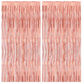 2pcs Tinsel Curtain Pink Glitter, 3ft X 6.4ft Aluminum Foil Flow Curtain Background Streamer, Girls Tinsel Curtains Pastel Foils Fringe,Birthday Party Wedding Holiday Backdrop Decoration (Rose gold)