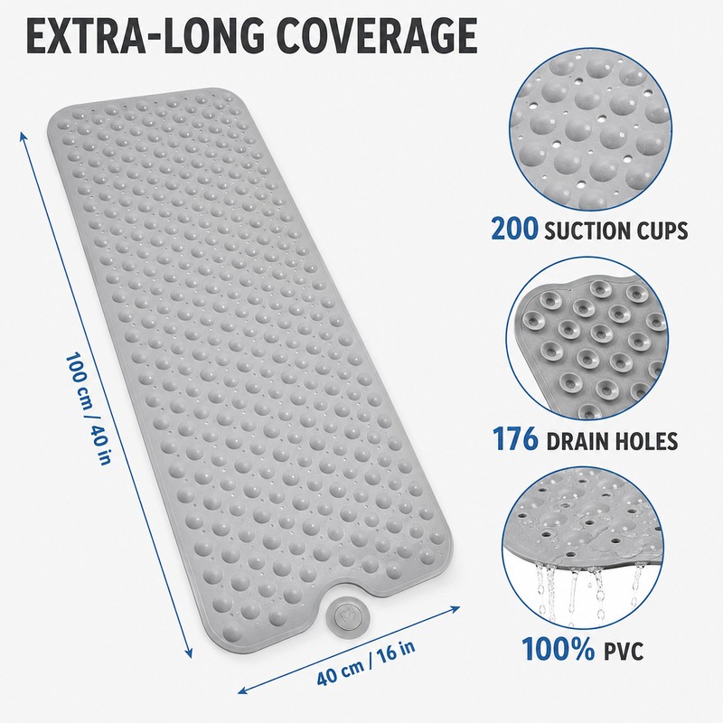 Extra Long Non-Slip Bathtub Mat with Suction Cups, 40 x