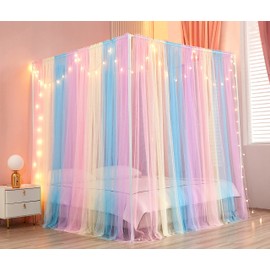 Akiky Canopy Bed Curtains with Lights 4 Corner Post Bed Canopy for Adults Girls, Rainbow Bed Drapes Netting-8 Panel Curtains,Twin