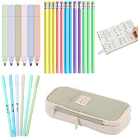 Pencil Case Set - Large Capacity Pencil Bag with 6 Pastel Highlighters, 6 Gel Pens, and 12 Pencils, Smooth Writing School and Office Supplies for Students, Teachers, Office Workers, and Dail