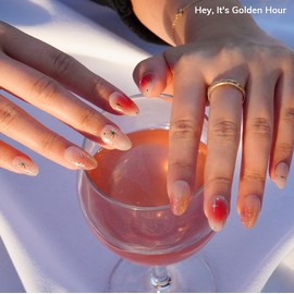 Heyhae Semi Cured Gel Nail Strips | Sun Cured Gel Nail Wraps No LED Lamp Needed Easy Apply & Remove | Includes 28 strips, 1 Prep Pad, 1 Nail File & 1 Wooden Stick - Hey, It's Golden Hour