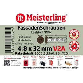 100 x MEISTERLING® Facade Screws INOX V2A 4.8 x 32 mm - Flat Head Torx T20 + 1 Bit - Dark Brown