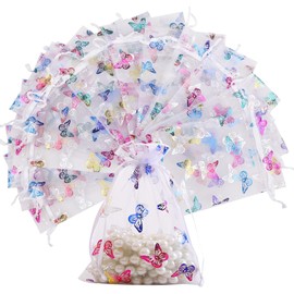 Sachet Bags Drawstring Organza Gift Bags Butterfly Pattern Organza Jewelry Candy Pouch,50Pcs Organza Bag Butterfly Design Wedding Pouches Jewelry Packaging Bags,Butterfly Pattern Organza Bag,10x15cm