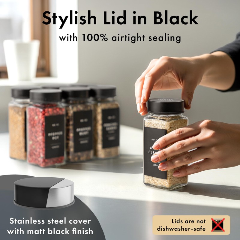 EDELHAUS Glass Spice Jars with Label and Stainless Steel Lids
