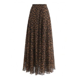 Verdusa Women's Leopard Print Skirt Y2k Goth High Waist Ruffled Pleated Flowy Long Skirts Khaki Large