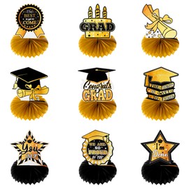 cnomg 9PCS Graduation Party Decorations 2025 Honeycomb Centerpieces Grad Table Decor for College High School Graduation Party（Black,Gold