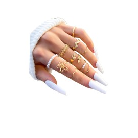 ZZ ZINFANDEL Boho Gold Stacking Rings for Women,Women`s Butterfly Heart Pearl Knuckle Ring Sets,Cute Moon Star Adjustable Rings,Love Stackable Ring Sets Jewelry (Gold-B)