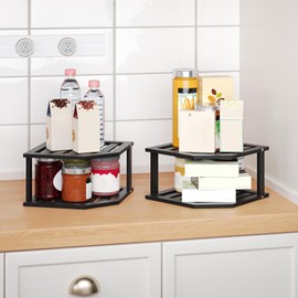 VERTORGAN Corner Shelf, 2 Tier Plate Organizer for Cabinet-Bamboo Corner Cabinet Shelf Organization-Suitable for Kitchen Bathroom Countertop（Black 2pc）
