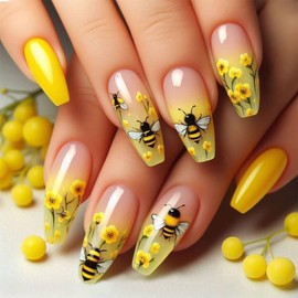 Bee Press on Nails Medium Flower Press on Nails with Glue Nail Art Ballet False Nails Full Cover Wearable Acrylic Nail Manicure Tips Bee Press on Nails Glue on Nails Artificial Nails for Women 24Pcs