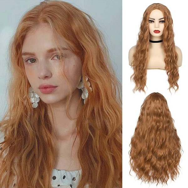 Beweig Long Curly Wavy Orange Wigs for Women Highlights Natural Heat Resistant Synthetic Wigs Middle Part Wigs for Halloween Cosplay