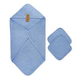 Arus Organic Cotton Baby Hooded Towel Set with 2 Baby Wash Cloths - Light Blue, 90 x 90 cm