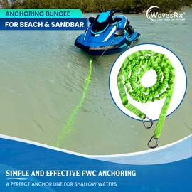 WavesRx AnchorMate Flat Bungee Line | Safely Anchor Your Jet Ski or PWC Near Beach or Sandbar | Stretches from 7' to 14' to Absorb Wake and Surf | Marine Grade Snap Hook and Bag Included.