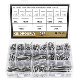 Kindroufly 527 Pieces #4#6#8#10#12 Phillips Countersunk Head Self-Tapping Screws, Wood Screws Assortment Kit, 304 Stainless Steel