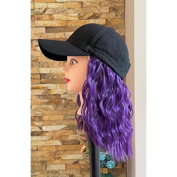 DevaLook Black Baseball Cap Wig Hat with 8" 12 " Synthetic Straight Curly Black Brown Purple Hair for Women (12 Inches Curly Hair, Purple)