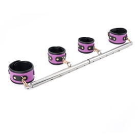 Spreader Bar Heavy Duty Stainless Steel Expandable Silver Bar Home Gym with 4pcs PU Purple Adjustable Strap,Sports Aid Training Fitness Gear Pilates Aid Kit,Yoga Set (Silver+Purple PU Kit)