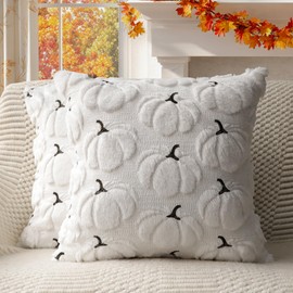 4TH Emotion Fall Pumpkins Decorative Pillow Covers 18x18 Set of 2, White Soft Plush Faux Fur Wool Farmhouse Throw Cushion Cases for Autumn Thanksgiving Holiday Home Decorations