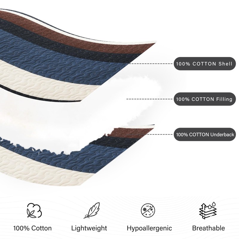 100% Cotton King Quilt, Dark Blue and Brown Striped King