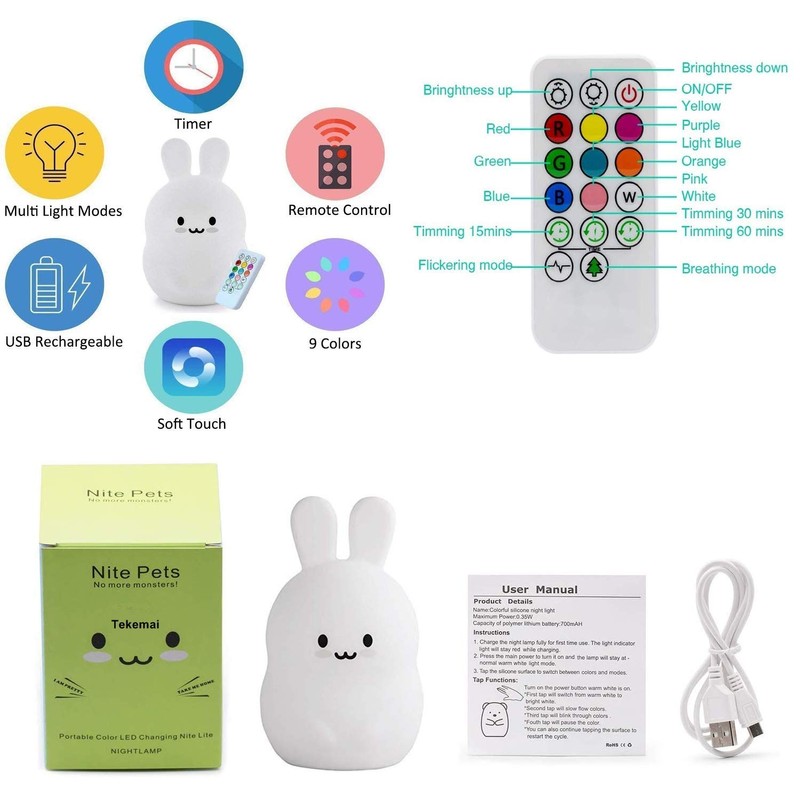 Tekemai Rabbit Night Light for Kids, Bedside Lamp for Children,
