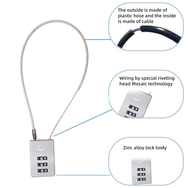 SISAV 3 Digit Cable Combination Lock 12 inches Cable for