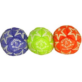 DirtBag Footbag Stellar Staller 3 Pack, Glow in The Dark 12-Panel Footbag Hacky Sack, Hand-Stitched, Synthetic Suede - Purple/Fluorescent Green/Fluorescent Red