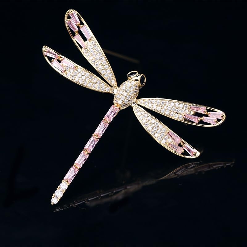 Dragonfly Brooch For Women, Pink & Clear Crystal Gold Tone
