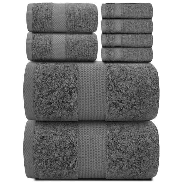 White Classic Luxury Dark Gray Bath Towel Set - Combed Cotton Hotel Quality Absorbent 8 Piece Towels | 2 Bath Towels 700GSM | 2 Hand Towels | 4 Washcloths [Worth $72.95] 8 Pack | Dark Gray