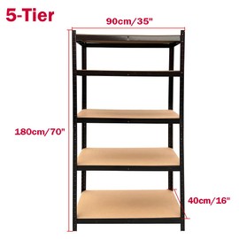 AUTOFU 5-Tier Utility Shelves, Garage Shelving Unit, Metal Storage Shelves, Adjustable Storage Racks, Heavy Duty Shed Shelf, Kitchen Racking - Black, 70" x 35" x 16"