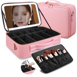 saiggnyy 15"×11" Large Pink Makeup Bag with Mirror, Personal Item Travel Bag with Makeup Mirror 3 Lights, Waterproof Train Case with Mirror and Adjustable Dividers,Professional Lighted Makeup Case