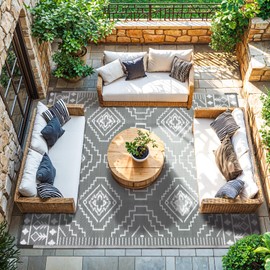 LBRO2M Plastic Straw Outdoor Rug Waterproof Rugs 6X9 UV Resistant Moroccan Geometric Reversible RV Rug for Outside Camping Rugs for Patio, Picnic, Beach (6X9, Gray)