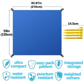 Ruayia Beach Blanket, Beach Mat, Sandproof Picnic Blanket 210 x 150 cm, Foldable Portable Pocket Blanket, Waterproof Blanket with 4 Pegs for Travel for the Beach, Hiking, Camping and Outdoor (Blue)
