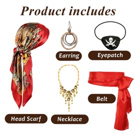 Pirate Costume Accessory Set for Adults 6 Pieces with Pirate Eye Patches, Women's Hoop Earrings, Retro Print Headscarf, Pirate Skull Bone Necklace, Waistband for Carnival Fancy Dress Accessories, red