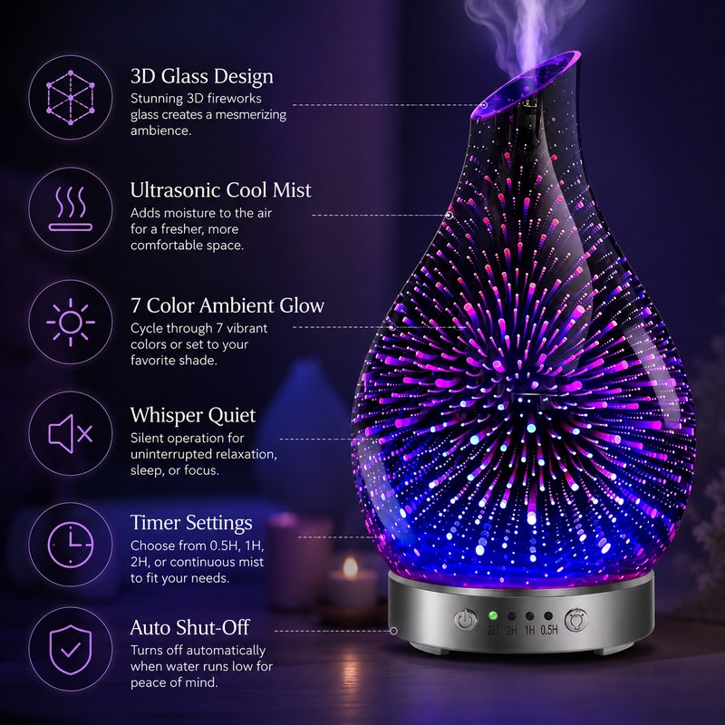 Ultrasonic Essential Oil Diffuser for Bedroom Ambiance – 3D Glass