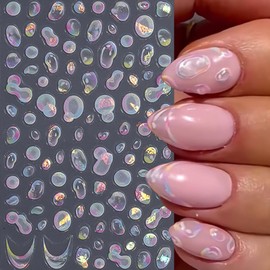 Water Bubble Nail Art Stickers Summer 3D Embossed Bubble Nail Decals 3PCS Colored Shiny Cute Dreamy Bubbles French Tip Design Summer Nails Adhesive Stickers Accessories for Women DIY Nail Decorations