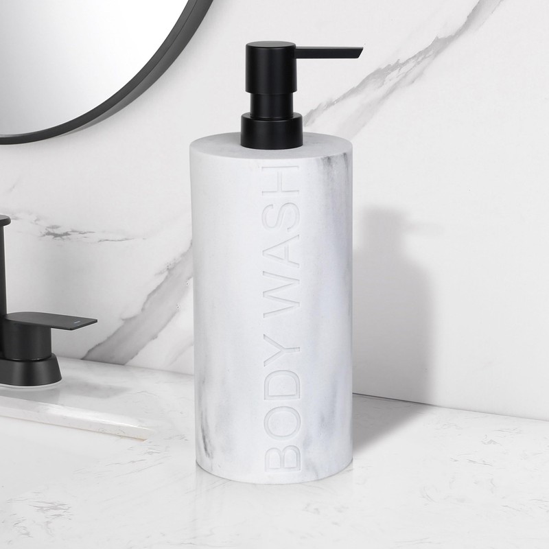 Indecor Home Resin White Marbled Body Wash Engraved Bottle Refillable