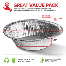 Stock Your Home 5 Inch Aluminum Foil Pie Pans (50 Count) - Disposable & Recyclable Mini Pie Pans - Foil Pie Tin for Bakeries, Cafes, Restaurants - Durable Mini Foil Pans for Pies, Fruit Tarts, Quiche