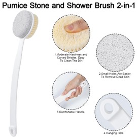 Beomeen Pumice Stone and Shower Brush with Long Handle, Hard Skin Callus Remover, 2 in 1 Foot Scrubber Brush, Back Scrubber for Shower Deep Cleansing and Exfoliating, Dry Brushing Body Brush (Curved)