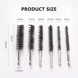JAMAKALA 6pcs Stainless Steel Wire Bore Brushes,304 Stainless Steel Bore Brush Kit,Wire Brush for Drill,1/4 Inch Hex Shank S2 Steel Handle for Steel Parts Machinery Paint Stains
