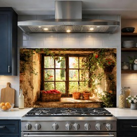 Rustic Kitchen Wall Decal, Faux Cottage Window View Wall Sticker with Garden Plants and Fruit Basket, Farmhouse Kitchen Wall Decor for Dining Roomor Coffee Corner, 35.5 x 23.6 Inches (Dark Brown)