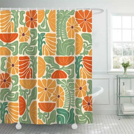 DeeCabin Boho Abstract Colorful Floral Shower Curtain, Vintage Retro Patchwork Orange Green Flower Botanical Geometric Aesthetic Groovy Bathroom Decor Shower Curtain Set with 12 Hooks, 60X70IN